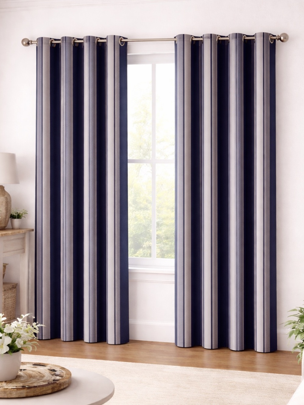 Linden Street Navy Sky Blue Striped Grommet Floor Length Curtain Panels 2